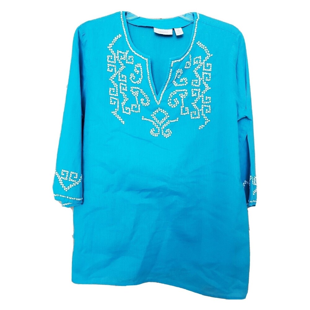 Chico's Blue Beaded Linen Cotton 3/4 Sleeve Tunic Size 1 Medium Lightweight